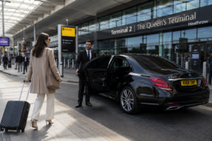 Flughafentransfer Zürich mit luxuriöser Limousine vor dem Flughafen Zürich.