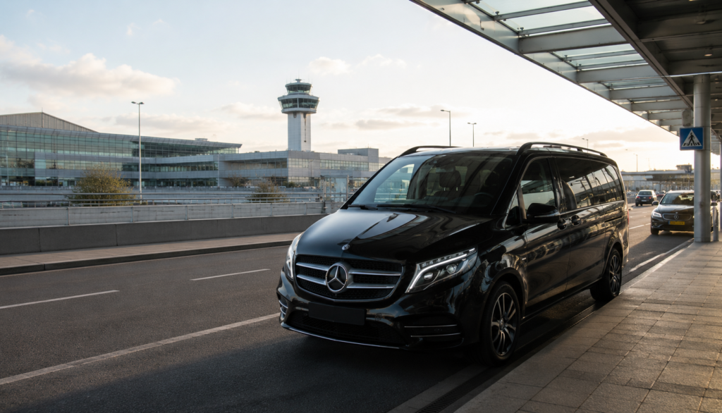 Flughafentransfer Zürich mit luxuriöser Limousine vor dem Flughafen Zürich.