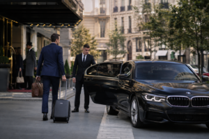 Luxury transfer service Europe with a professional chauffeur and premium Mercedes vehicle for airport, hotel and multi-city travel.