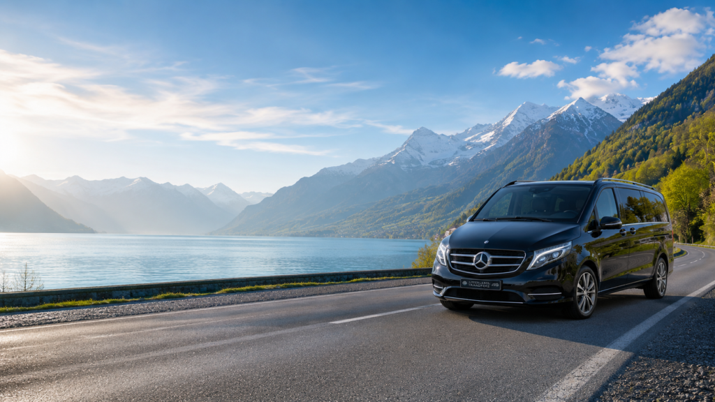 Private transfer services in Lugano with a luxury Mercedes chauffeur vehicle near Lake Lugano, Switzerland
