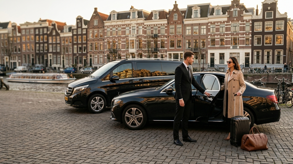 Private transfer services in Lugano with a luxury Mercedes chauffeur vehicle near Lake Lugano, Switzerland
